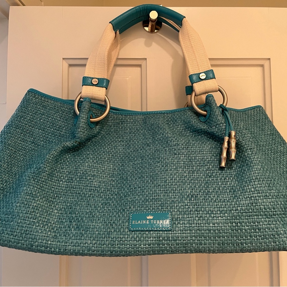 Elaine Turner Turquoise and Cream Woven Tote Bag Set with Dust Bag